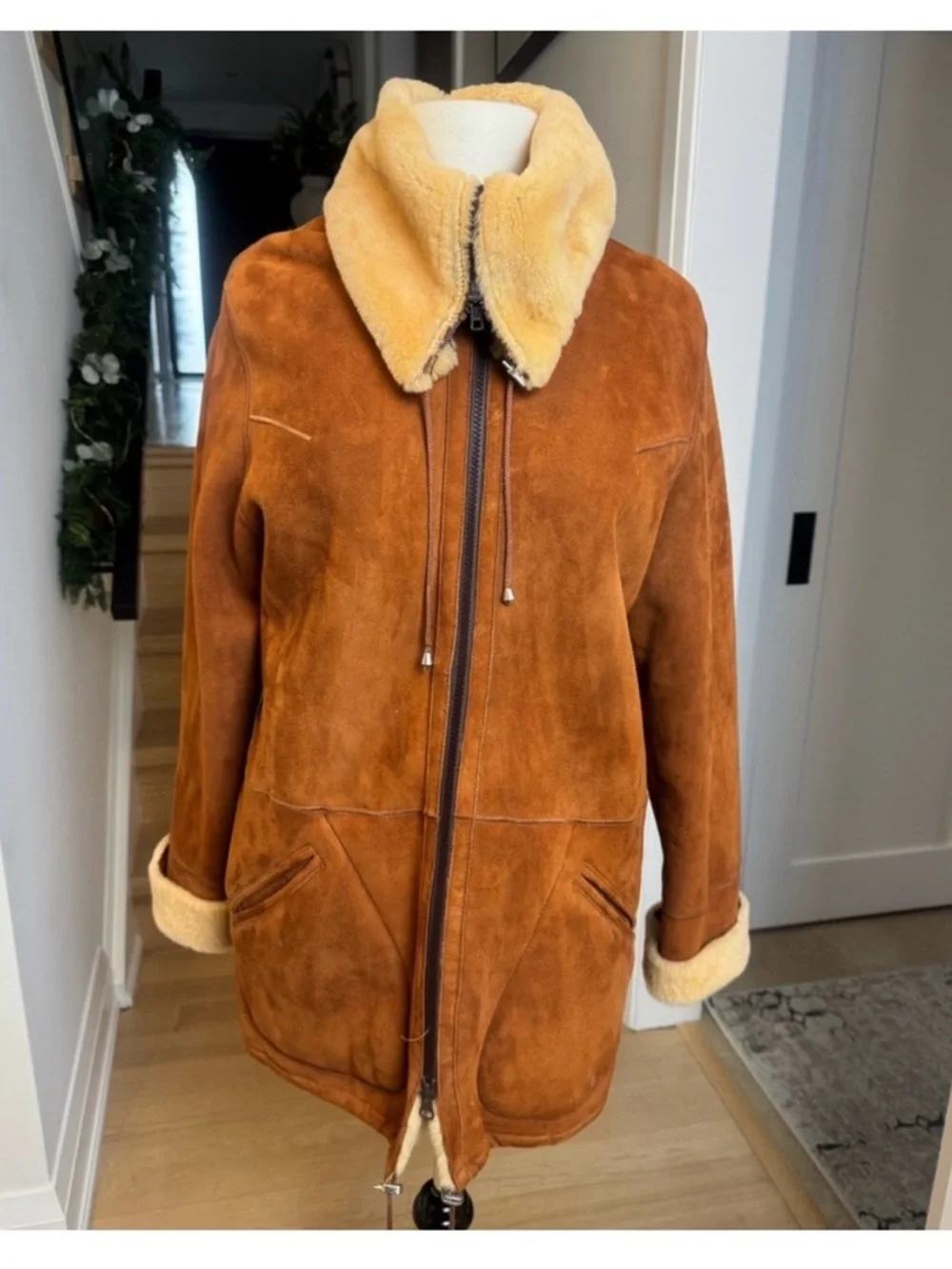 Classic Brown Shearling-Trim Women's Coat - Picture 2 of 13